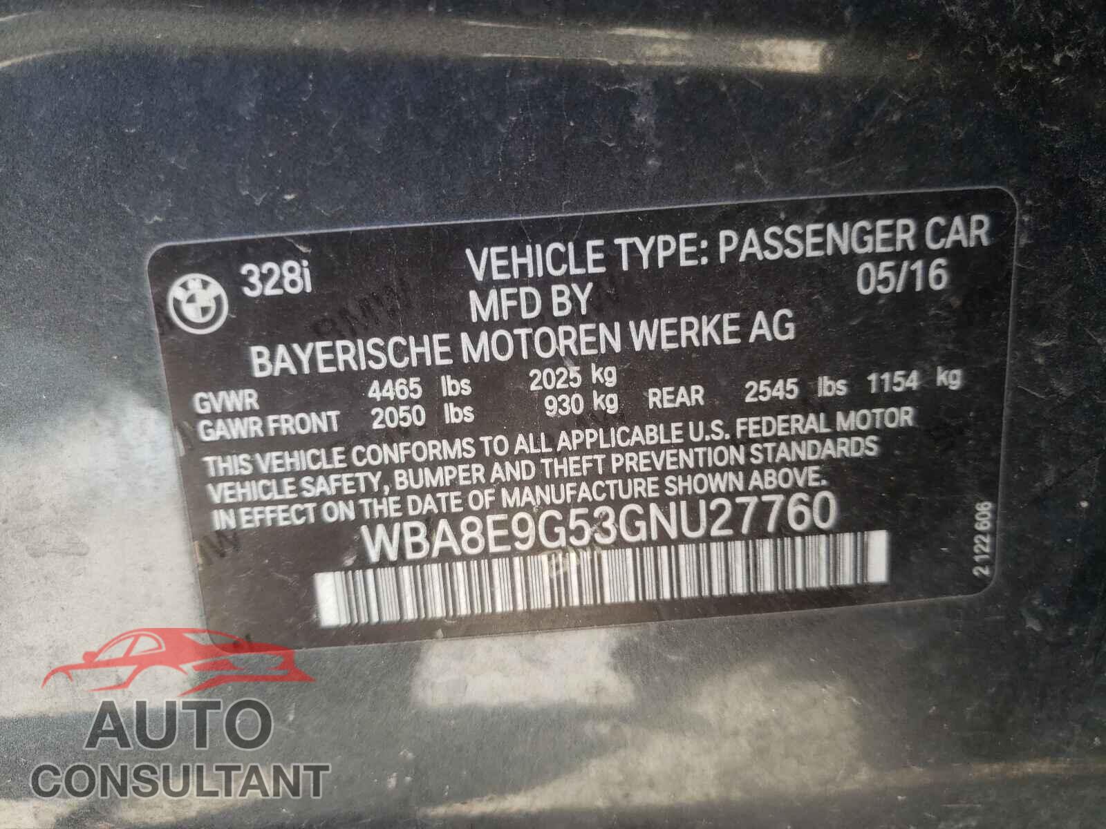 BMW 3 SERIES 2016 - WBA8E9G53GNU27760