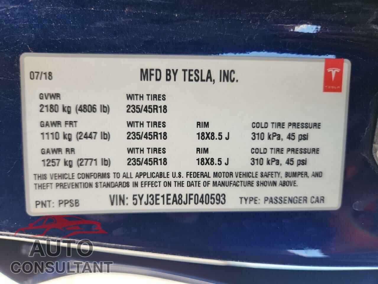 TESLA MODEL 3 2018 - 5YJ3E1EA8JF040593