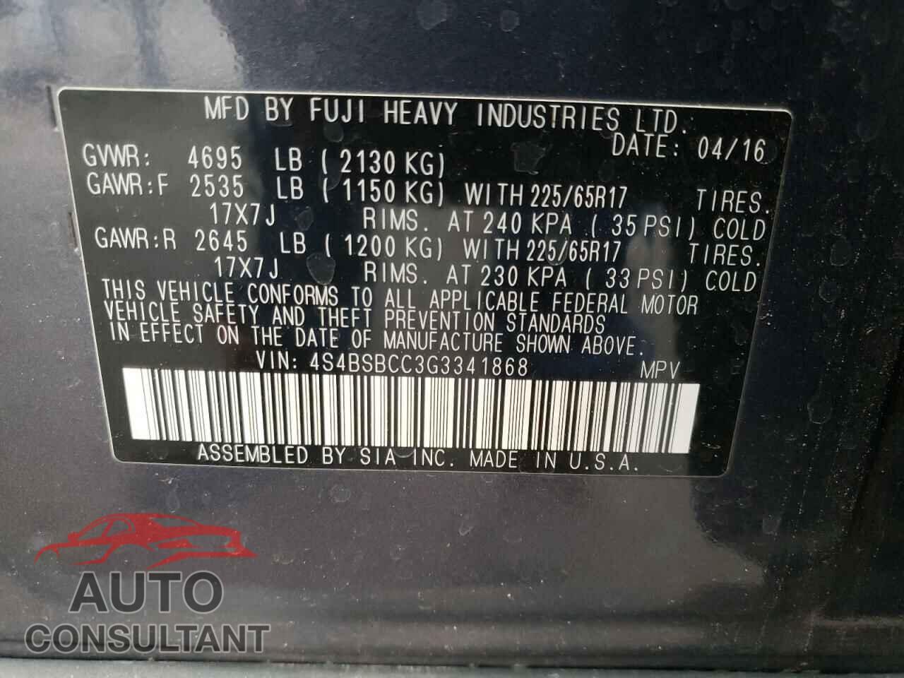 SUBARU LEGACY 2016 - 4S4BSBCC3G3341868