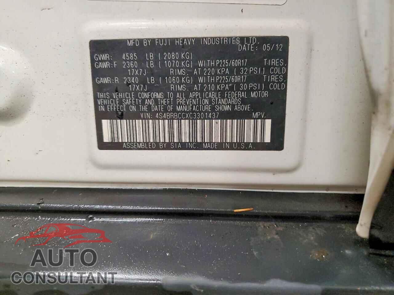 SUBARU OUTBACK 2012 - 4S4BRBCCXC3301437
