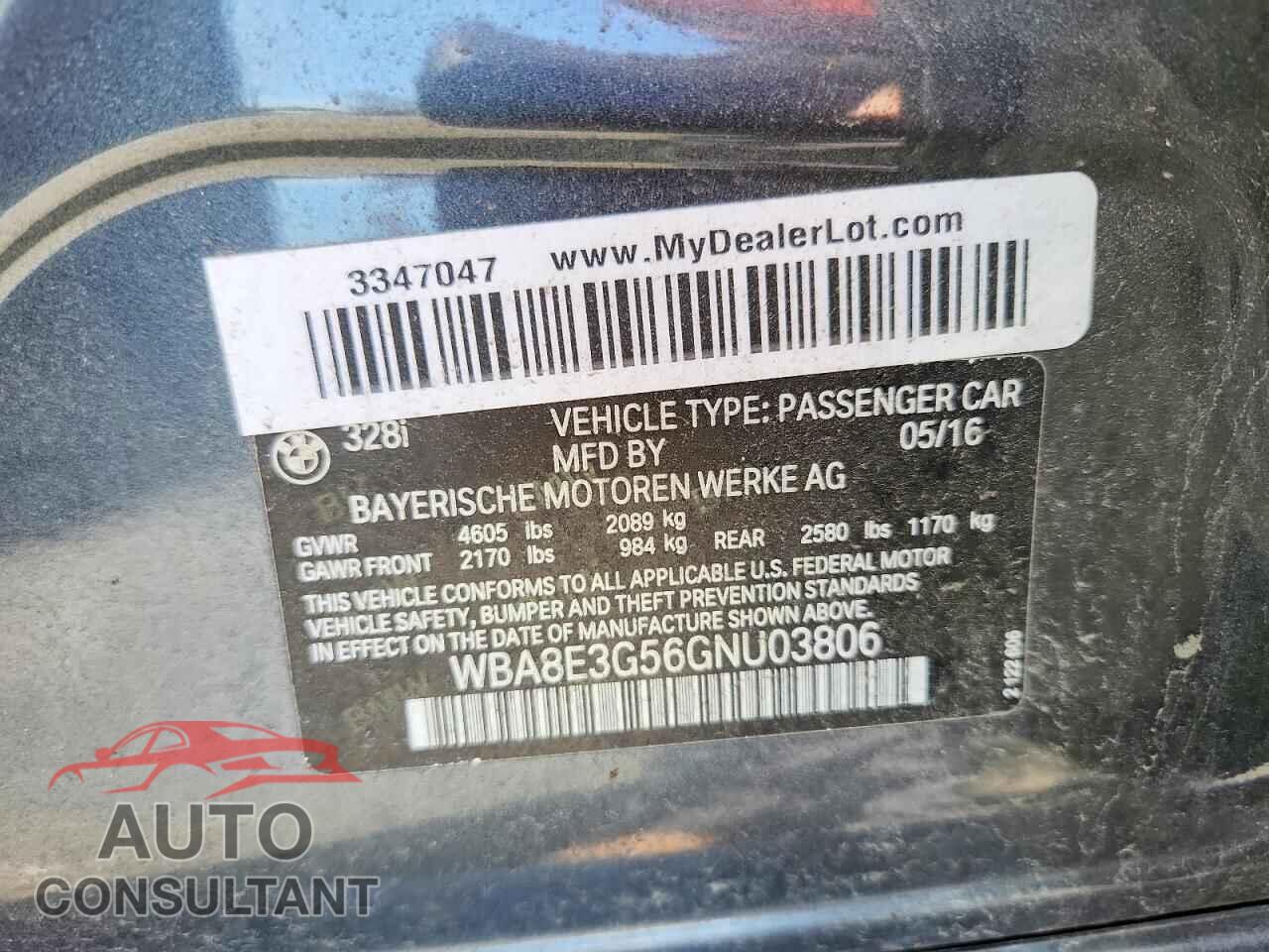 BMW 3 SERIES 2016 - WBA8E3G56GNU03806