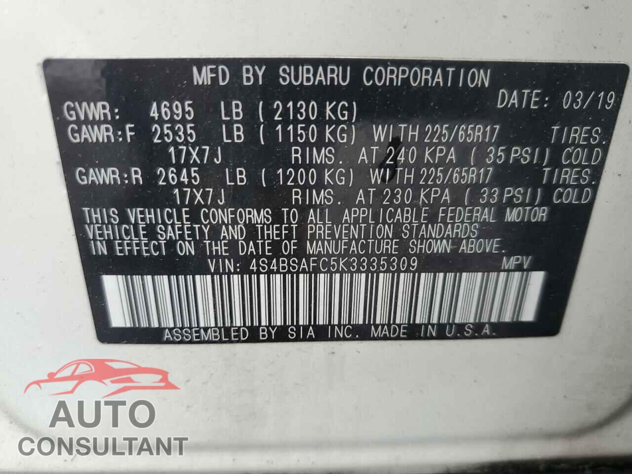 SUBARU OUTBACK 2019 - 4S4BSAFC5K3335309