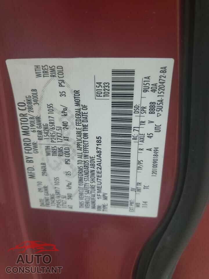 FORD EXPLORER 2010 - 1FMEU7EE2AUA87185