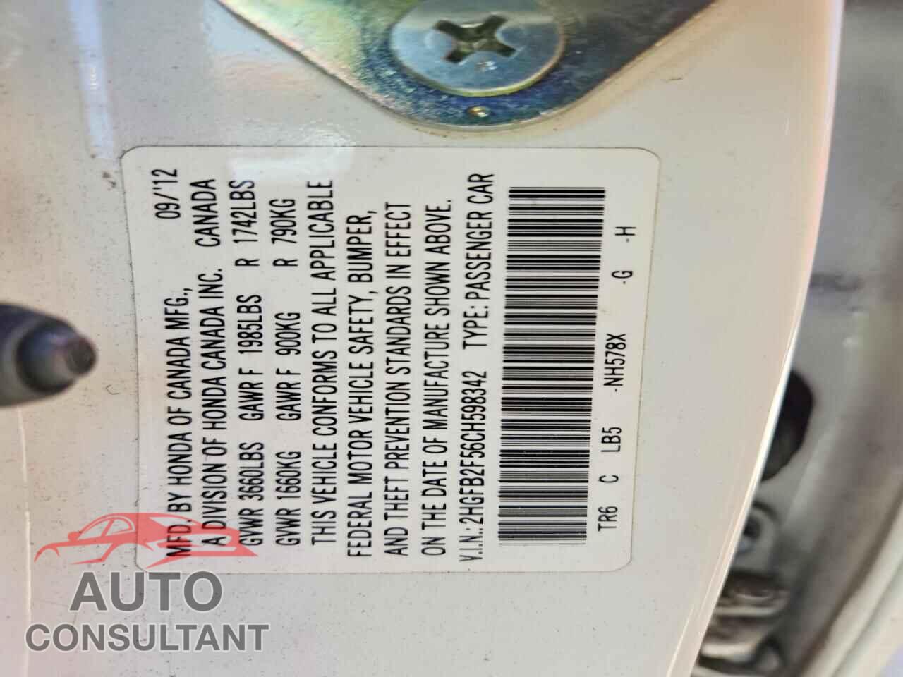 HONDA CIVIC 2012 - 2HGFB2F56CH598342