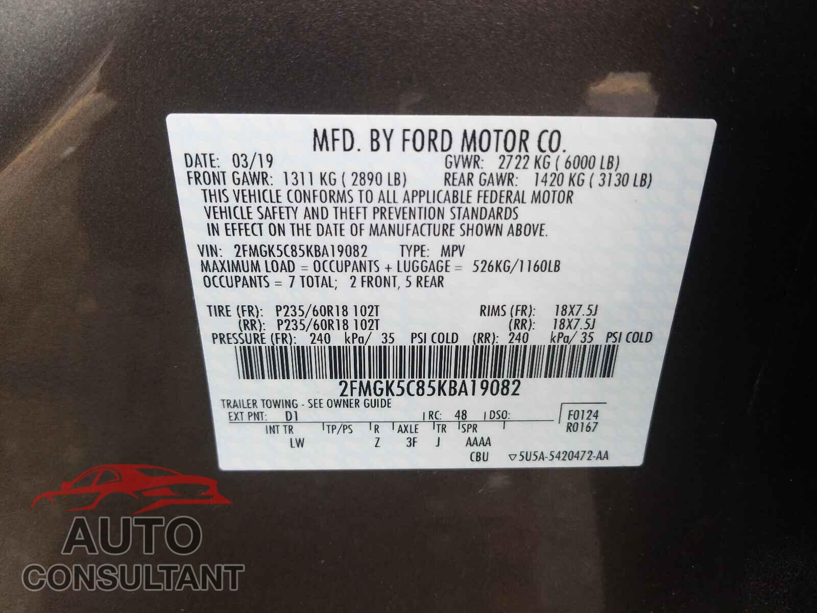 FORD FLEX 2019 - 2FMGK5C85KBA19082
