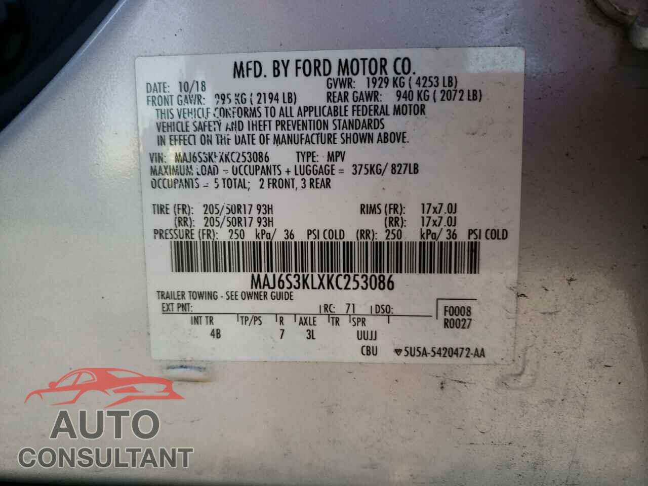 FORD ECOSPORT 2019 - MAJ6S3KLXKC253086