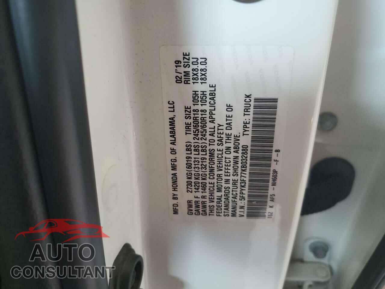 HONDA RIDGELINE 2019 - 5FPYK3F77KB032880