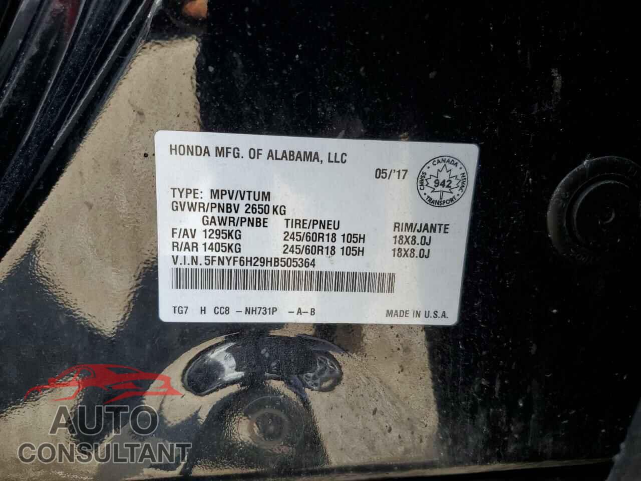 HONDA PILOT 2017 - 5FNYF6H29HB505364