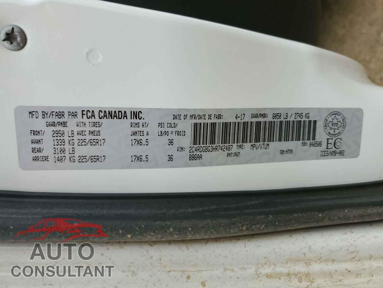 DODGE CARAVAN 2017 - 2C4RDGBG3HR742487