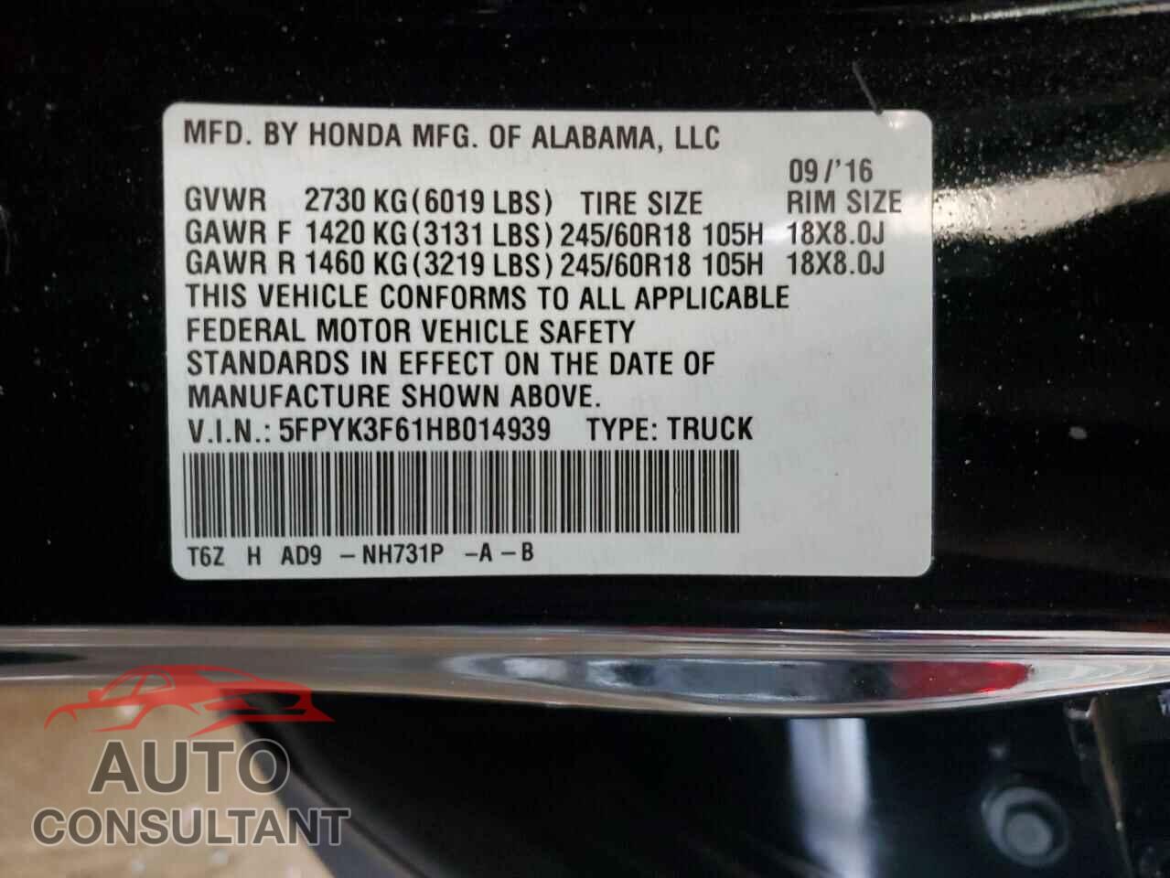HONDA RIDGELINE 2017 - 5FPYK3F61HB014939