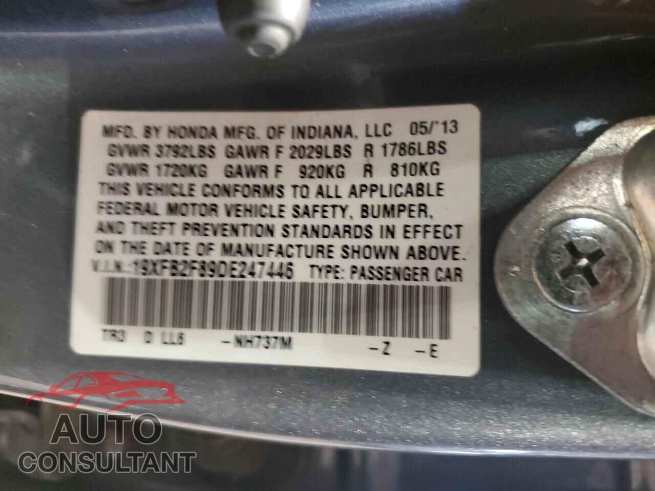 HONDA CIVIC 2013 - 19XFB2F89DE247446