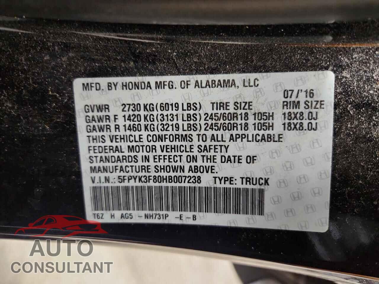HONDA RIDGELINE 2017 - 5FPYK3F80HB007238