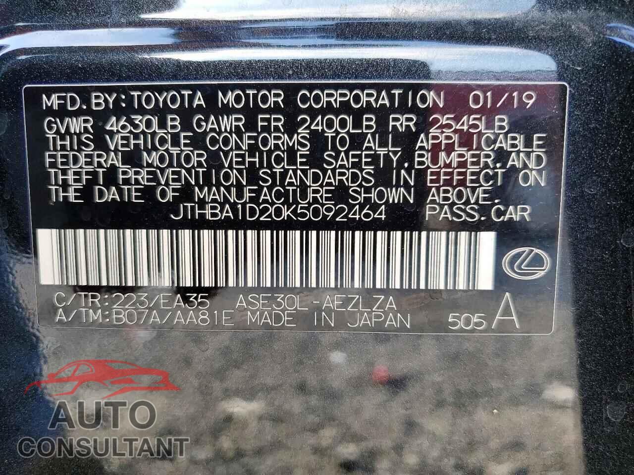 LEXUS IS 2019 - JTHBA1D20K5092464