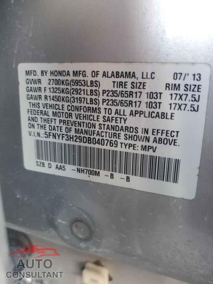HONDA PILOT 2013 - 5FNYF3H29DB040769