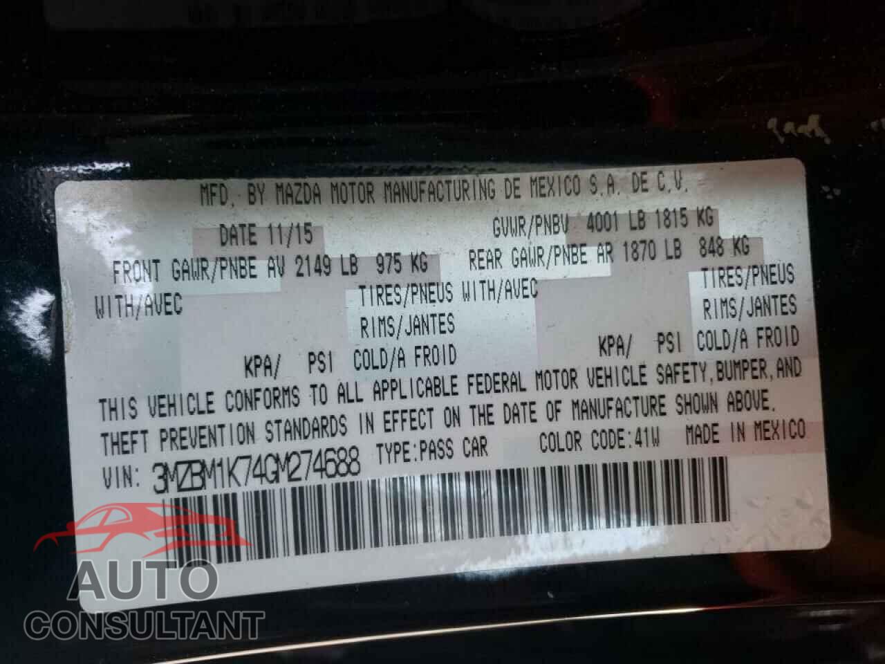 MAZDA 3 2016 - 3MZBM1K74GM274688