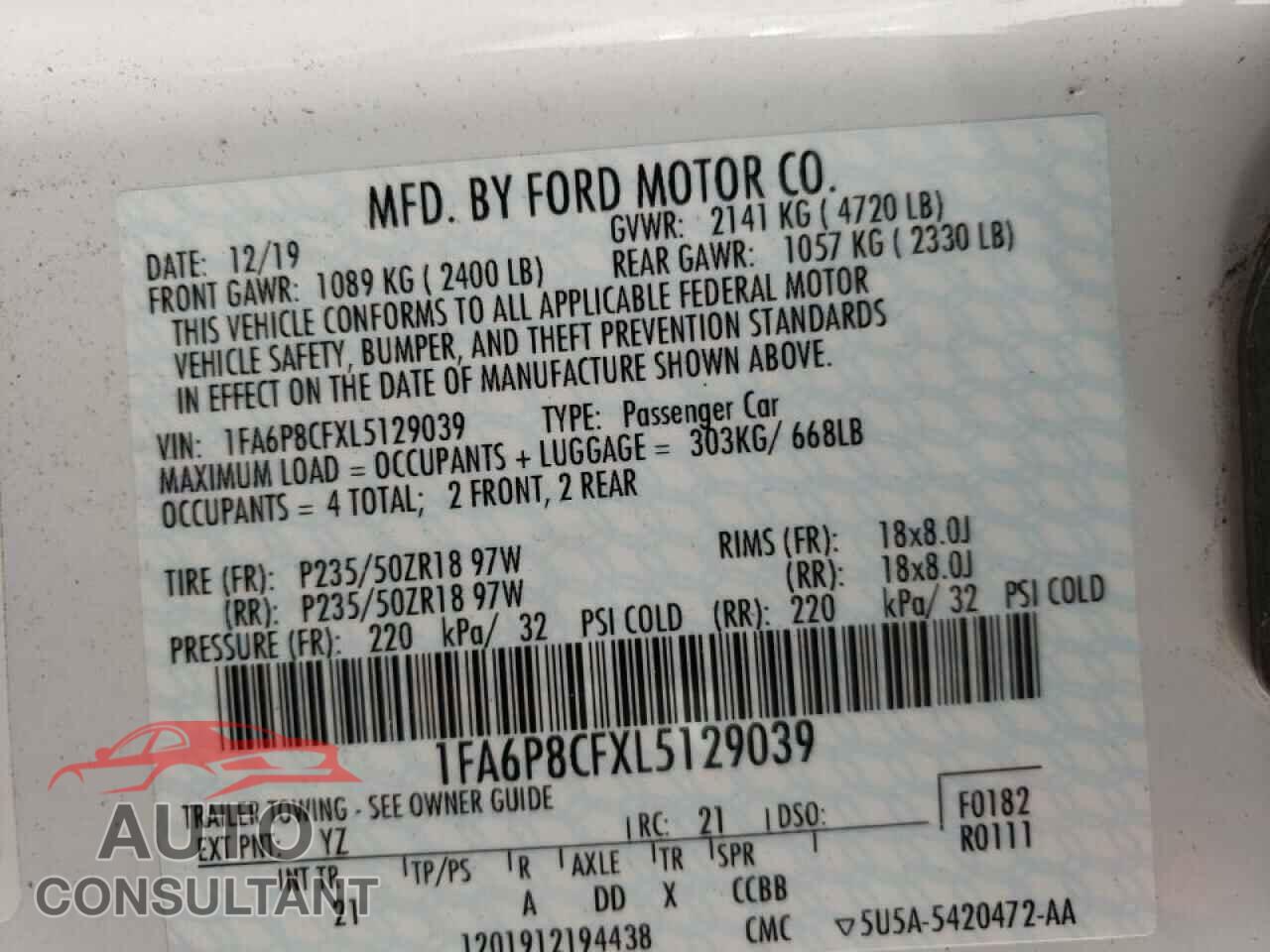 FORD MUSTANG 2020 - 1FA6P8CFXL5129039
