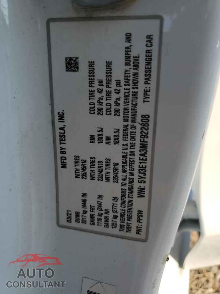 TESLA MODEL 3 2021 - 5YJ3E1EA3MF922808