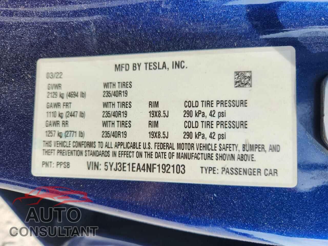 TESLA MODEL 3 2022 - 5YJ3E1EA4NF192103
