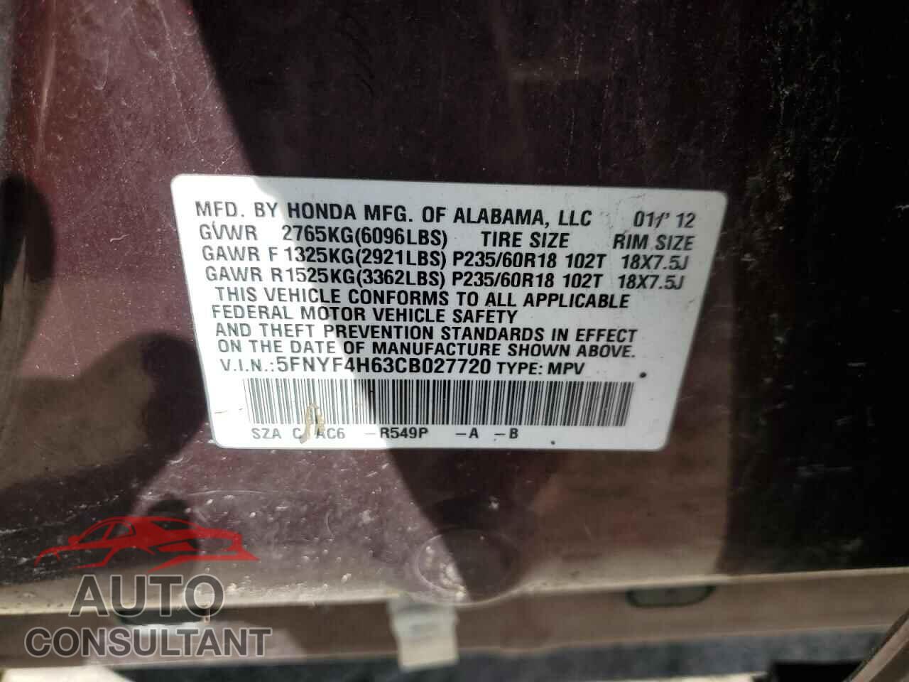 HONDA PILOT 2012 - 5FNYF4H63CB027720