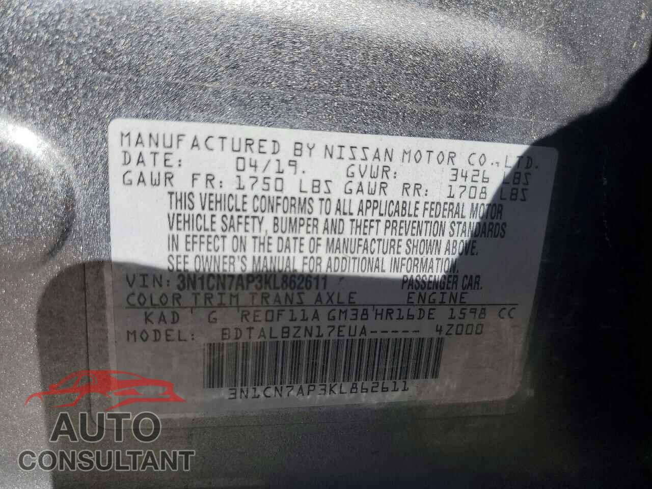 NISSAN VERSA 2019 - 3N1CN7AP3KL862611