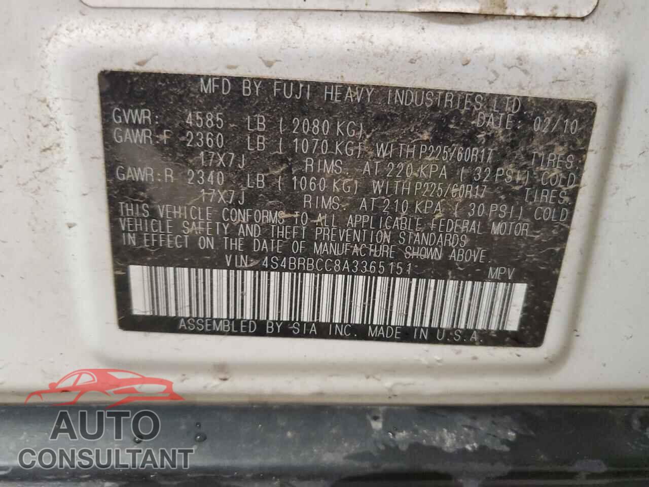 SUBARU OUTBACK 2010 - 4S4BRBCC8A3365151