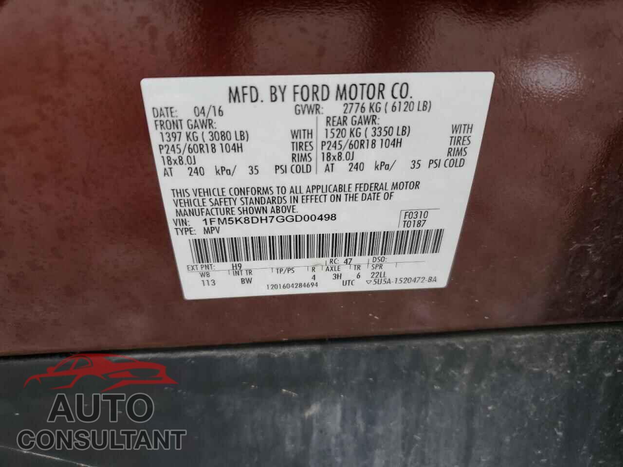 FORD EXPLORER 2016 - 1FM5K8DH7GGD00498