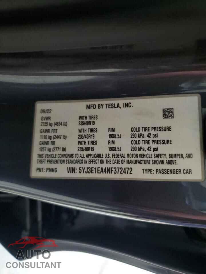 TESLA MODEL 3 2022 - 5YJ3E1EA4NF372472