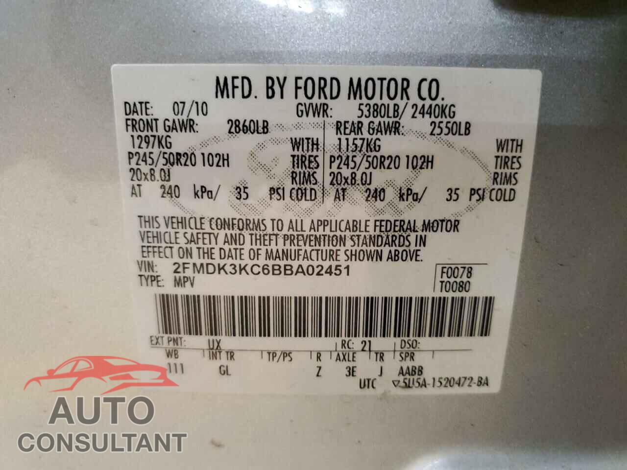 FORD EDGE 2011 - 2FMDK3KC6BBA02451