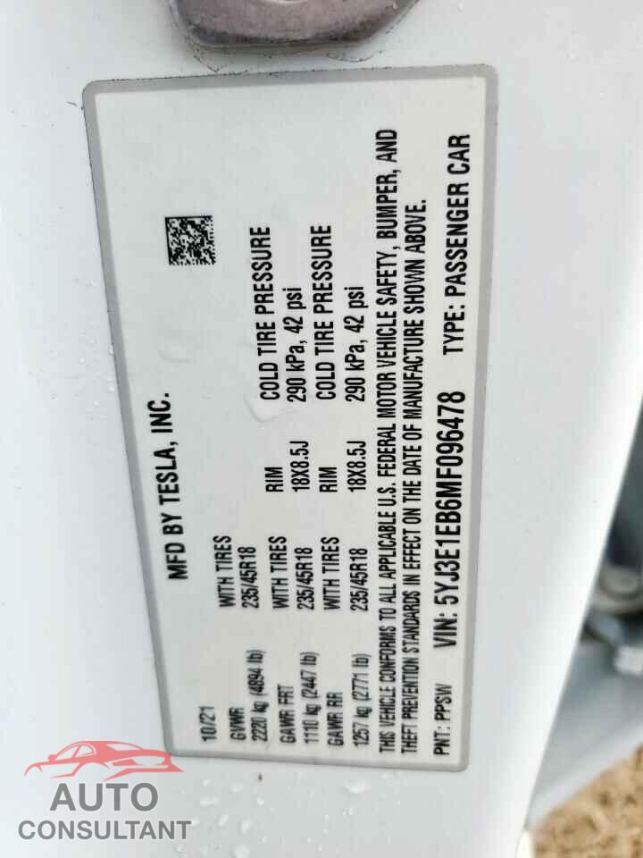 TESLA MODEL 3 2021 - 5YJ3E1EB6MF096478