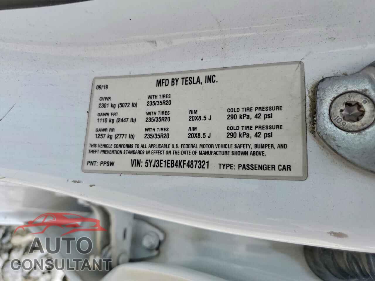 TESLA MODEL 3 2019 - 5YJ3E1EB4KF487321