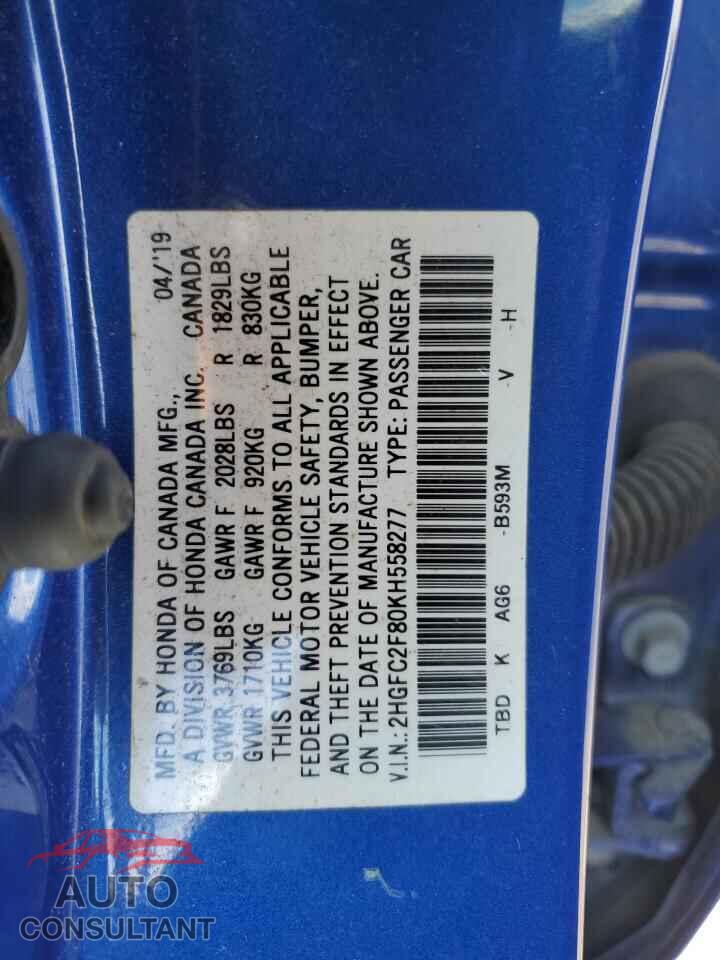 HONDA CIVIC 2019 - 2HGFC2F80KH558277