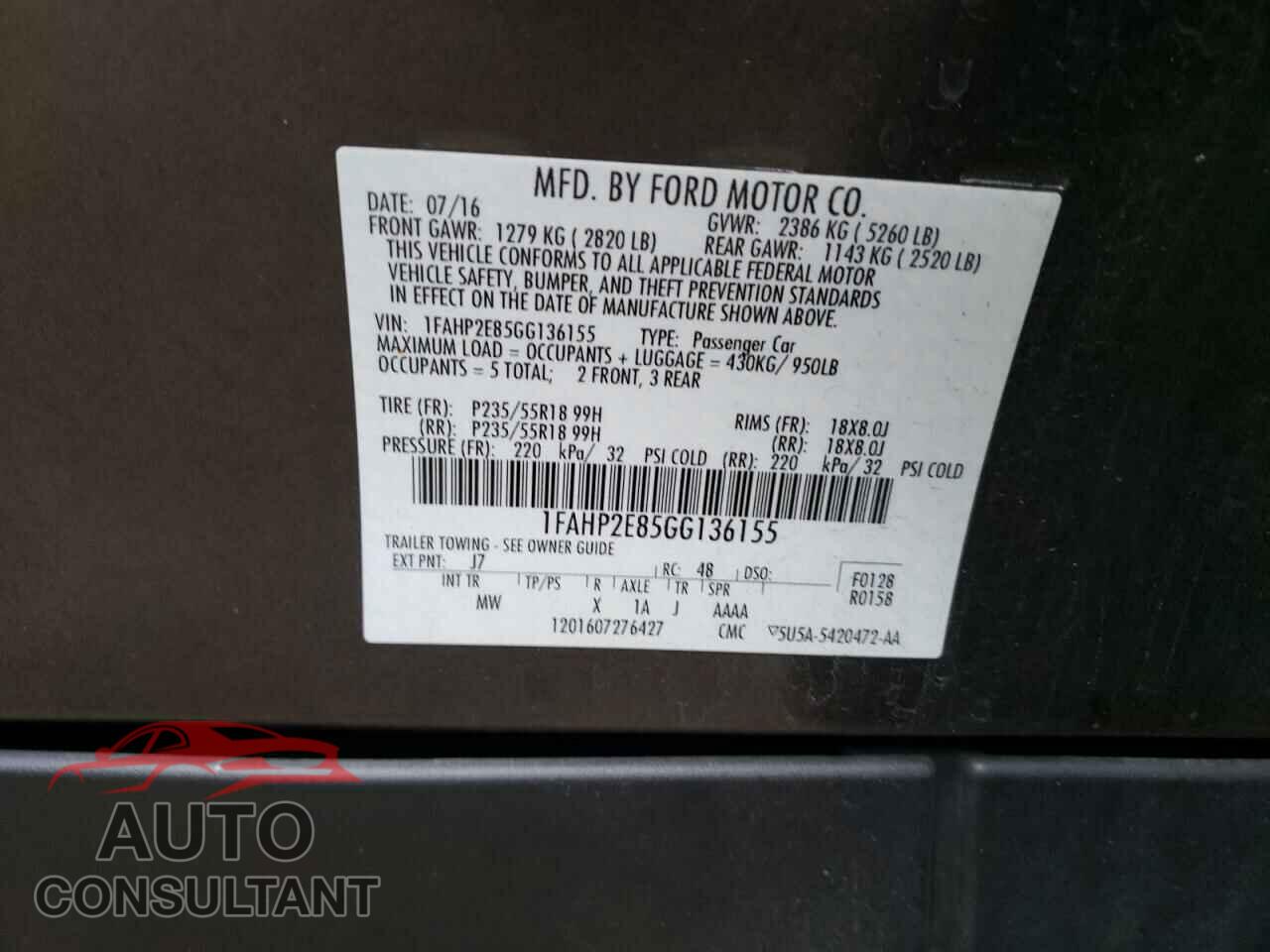 FORD TAURUS 2016 - 1FAHP2E85GG136155