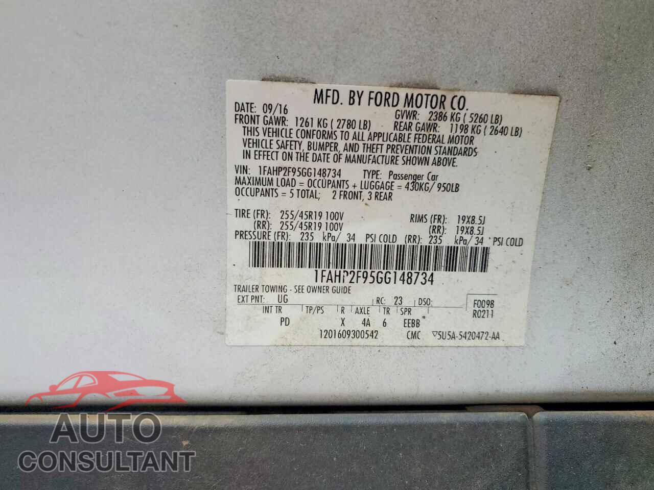 FORD TAURUS 2016 - 1FAHP2F95GG148734