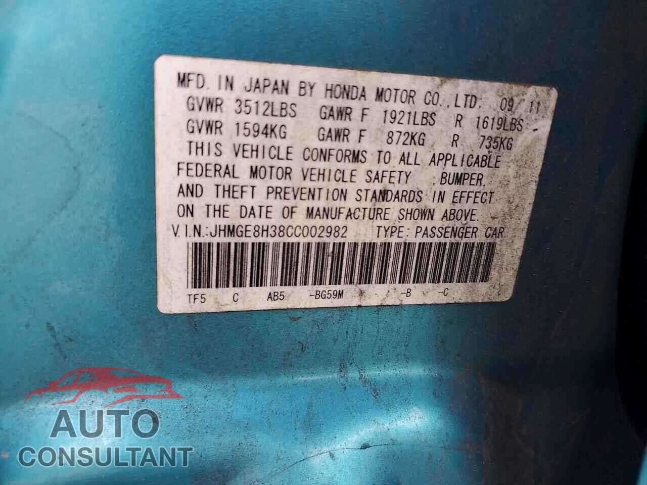 HONDA FIT 2012 - JHMGE8H38CC002982