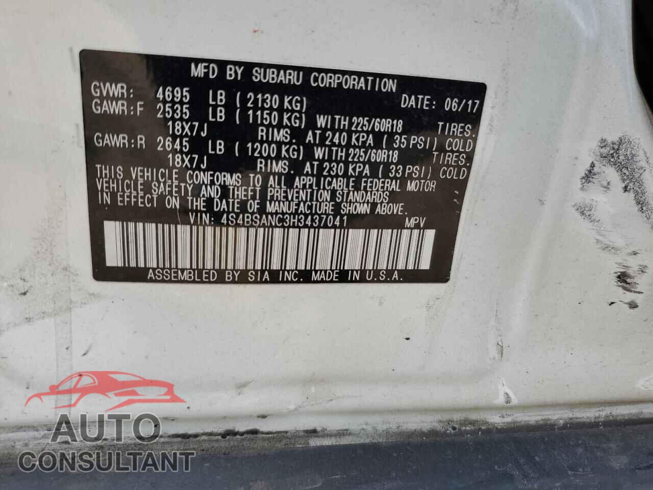 SUBARU OUTBACK 2017 - 4S4BSANC3H3437041
