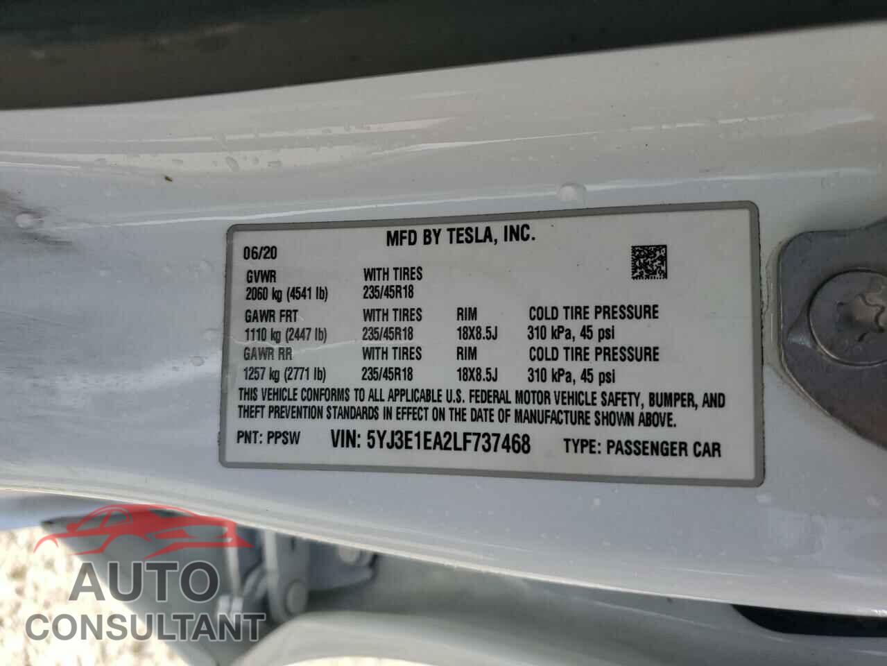 TESLA MODEL 3 2020 - 5YJ3E1EA2LF737468
