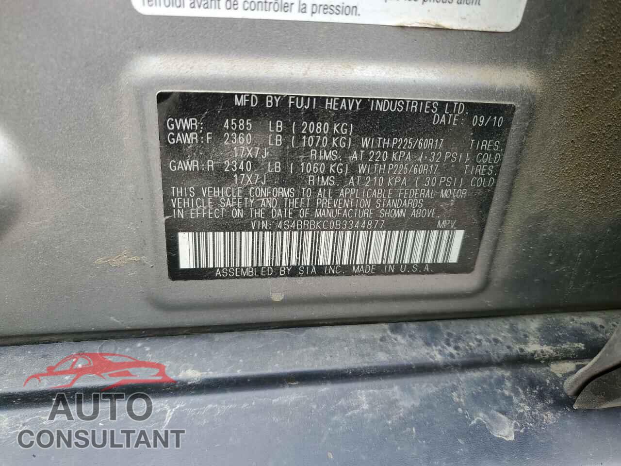 SUBARU OUTBACK 2011 - 4S4BRBKC0B3344877