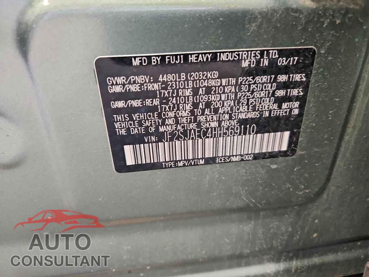 SUBARU FORESTER 2017 - JF2SJAEC4HH569110