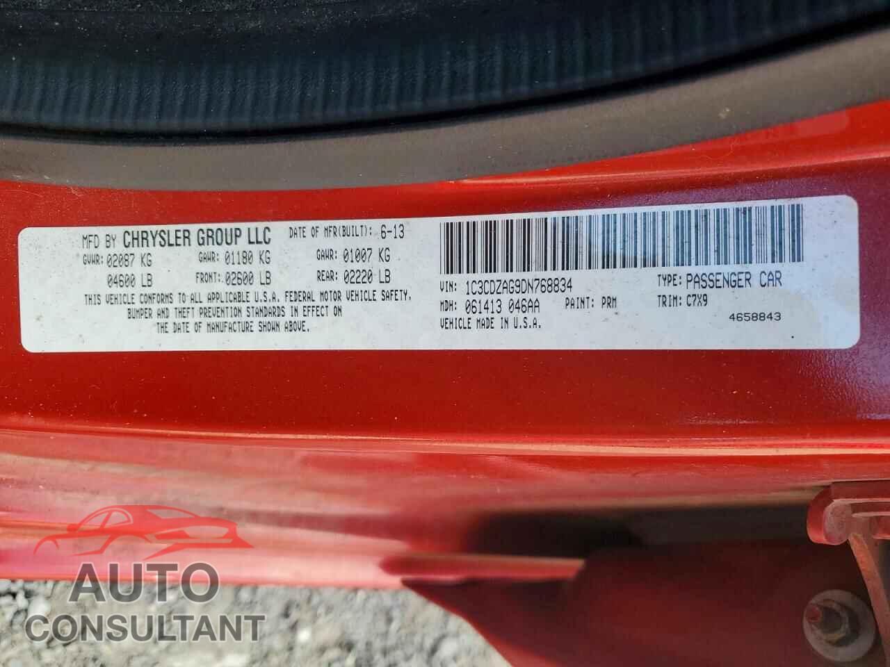 DODGE AVENGER 2013 - 1C3CDZAG9DN768834