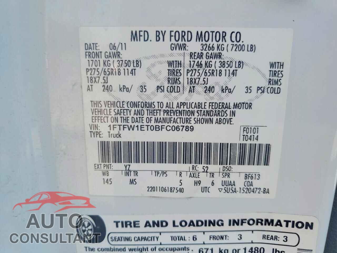 FORD F150 2011 - 1FTFW1ET0BFC06789