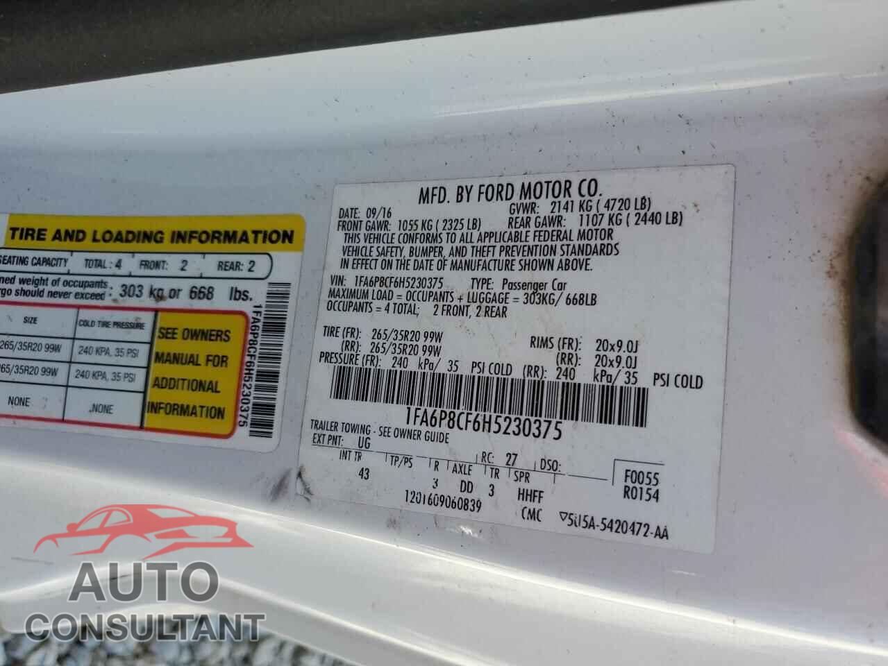 FORD MUSTANG 2017 - 1FA6P8CF6H5230375