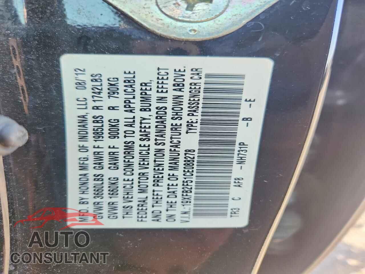 HONDA CIVIC 2012 - 19XFB2F51CE088278