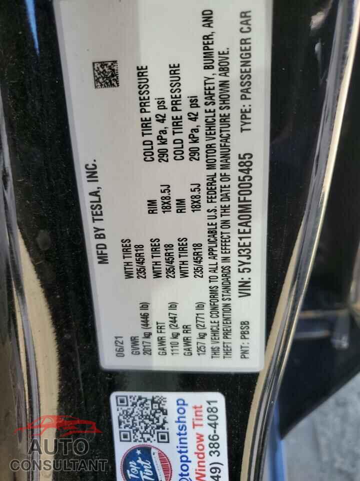 TESLA MODEL 3 2021 - 5YJ3E1EA0MF005485