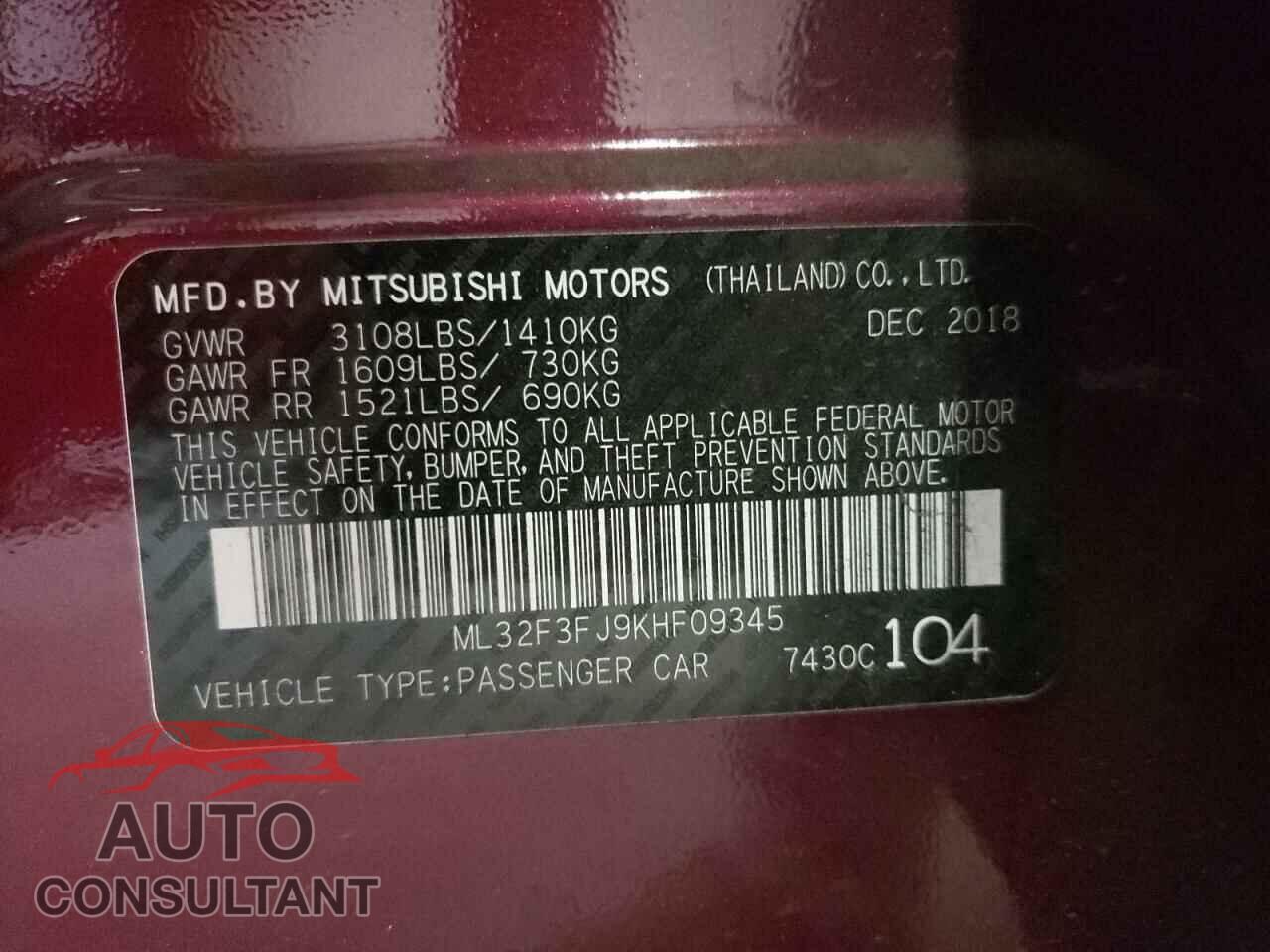 MITSUBISHI MIRAGE 2019 - ML32F3FJ9KHF09345