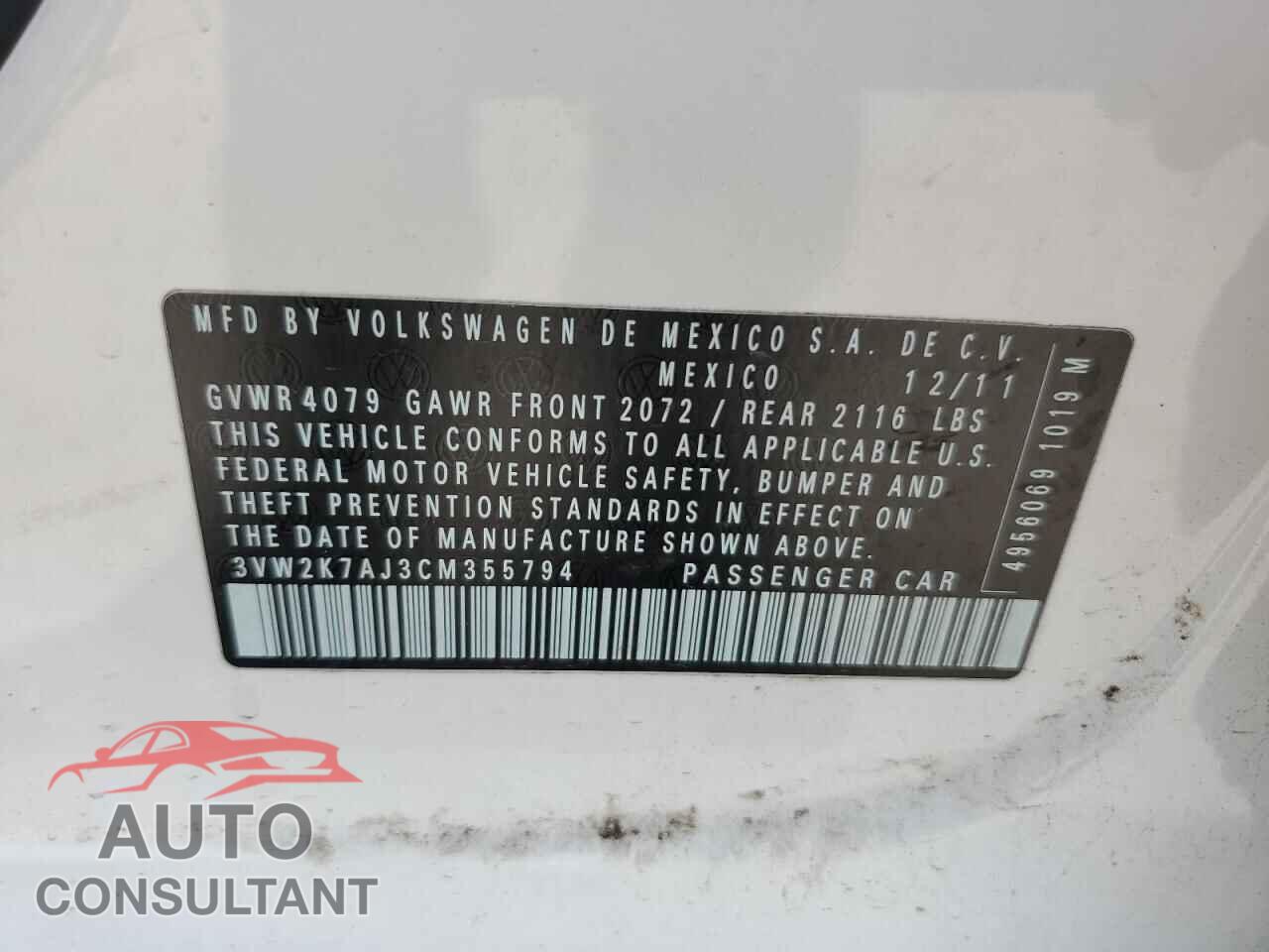 VOLKSWAGEN JETTA 2012 - 3VW2K7AJ3CM355794