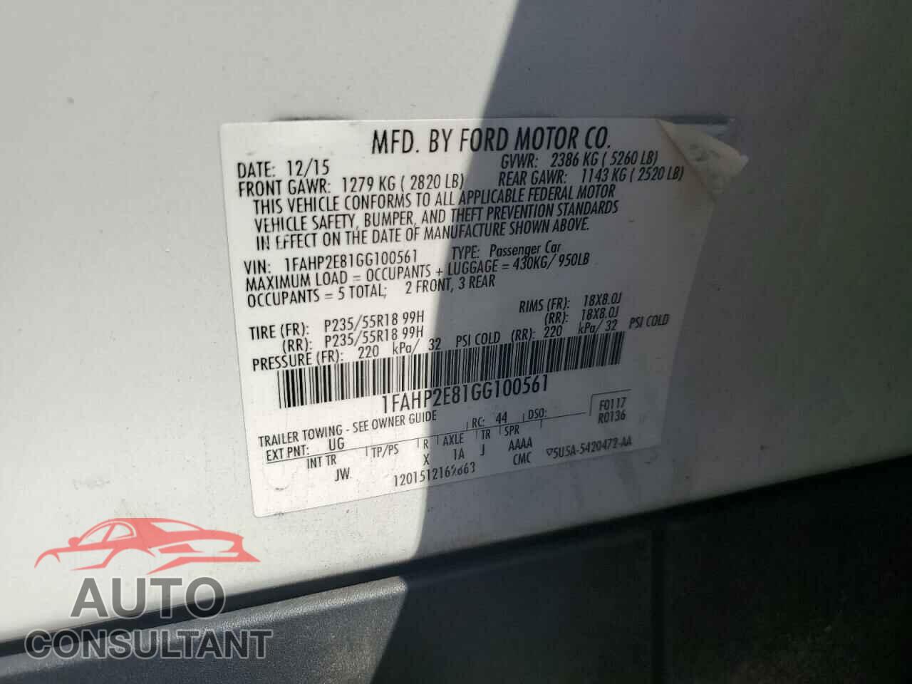 FORD TAURUS 2016 - 1FAHP2E81GG100561