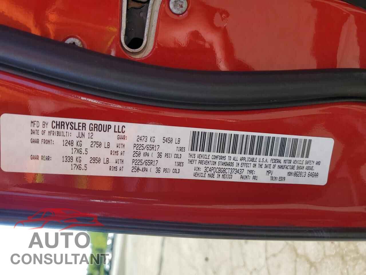 DODGE JOURNEY 2012 - 3C4PDCBG8CT373437