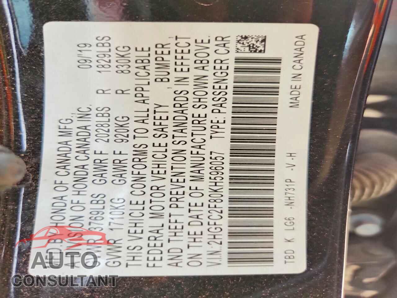 HONDA CIVIC 2019 - 2HGFC2F80KH596057