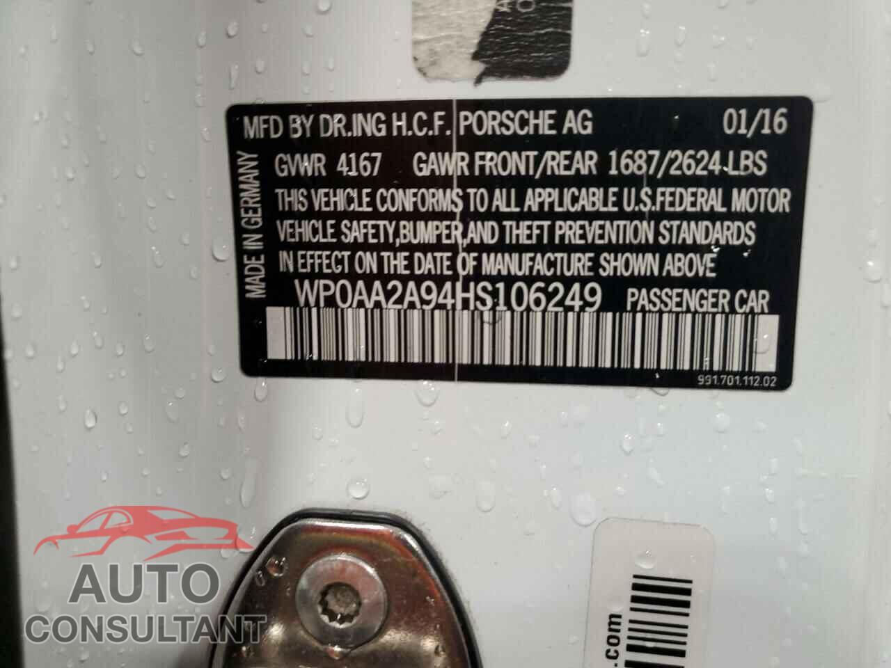 PORSCHE 911 2017 - WP0AA2A94HS106249