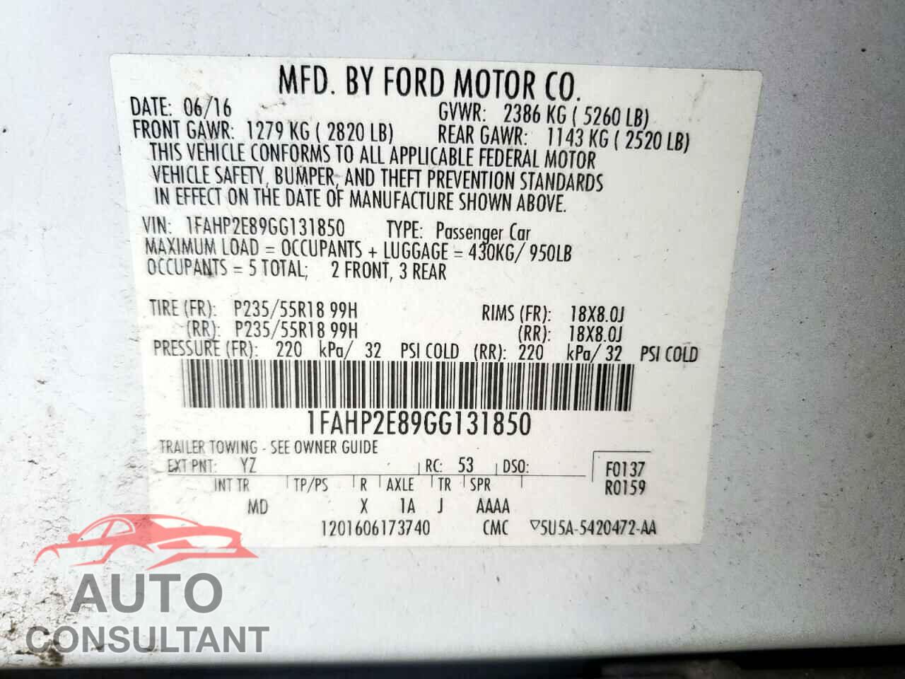 FORD TAURUS 2016 - 1FAHP2E89GG131850